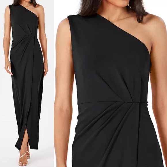 NEW CALVIN KLEIN black one shoulder grecian style formalGown Dress size 12